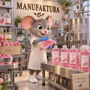 3D kreslená myš vyrábí sprchový gel růže, má modré malé rukavice na rukou a bílé tenisky, na stěně je nápis MANUFAKTURA