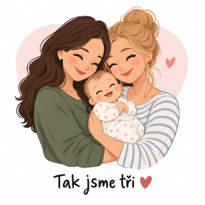 kreslený styl: dvě maminky s miminkem a pod nimi text: Tak jsme tři ♥