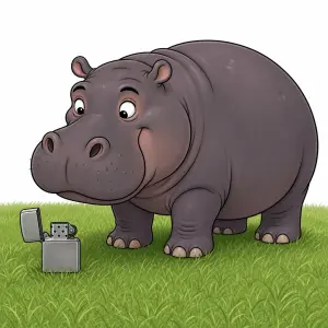 Hroch vedle malého zapalovače zippo, cartoon styl, na trávě bez barevných květin