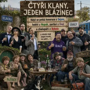 Čtyři klany, jeden blázinec:
Když se potká honorace z Dejvic,
hobiti z Nupak, parťáci z Úval a chalupáři z Bohnic
a vš