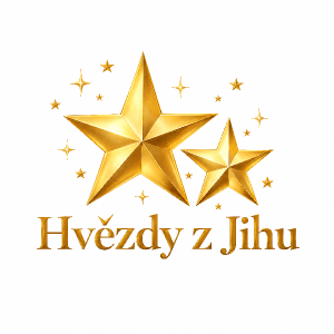 Dvě zlaté hvězdy, jedna menší, kolem nich drobné hvězdičky. Pod nimi název Hvězdy z Jihu. Bílé pozadí
