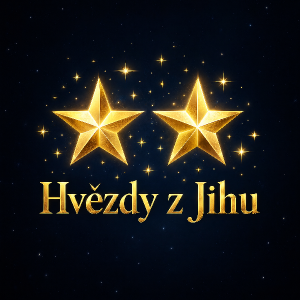 Dvě zlaté hvězdy, kolem nich drobné hvězdičky. Pod nimi název Hvězdy z Jihu.