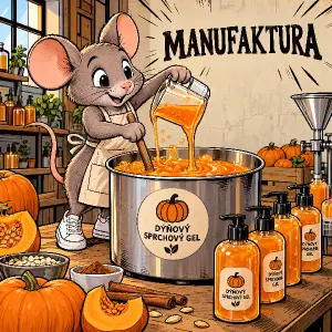 3D kreslená myš v bílých teniskách vyrábí dýňový sprchový gel, na stěně je nápis MANUFAKTURA, pod nápisem nic není