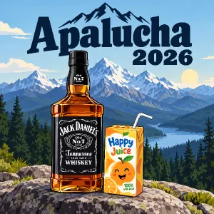 Obrázek hor vzadu a vepredu lahev whiskey vedle ni detske piticko juice v krabicce s brckem. Text: Apalucha 2026