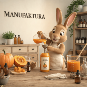 3D kresleny zajíc vyrábí dýňový sprchový gel, na stěně je nápis MANUFAKTURA, pos nápisem není obrazec,místnost je světlá