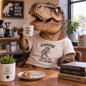 Humorný T-Rex pijúcí kávu