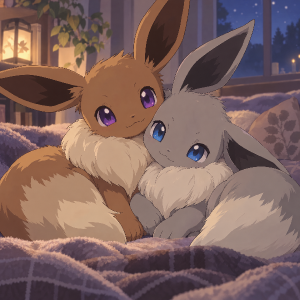 2 eevee, jedna hneda s fialovyma ocima, druha sediva s modryma ocima, tuli se k sobe