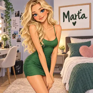 postavička štíhlé holky, vlasy dlouhé vlnité blond, oblečení zelené krátké upnuté šaty, oči modré Jméno Marťa