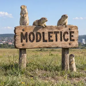 Na poli je 3D kreslená dřevěna cedule s nápisem MODLETICE, na ceduli je několik syslů