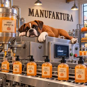 3d kreslený boxer leží na stroji,který vyrábí dýňový sprchový gel,na stěně je nápis MANUFAKTURA,pod nápisem není obrazec