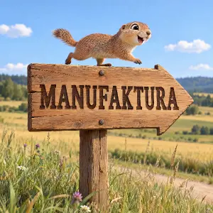Na poli je 3D kreslená dřevěná cedule se šipkou je tam napsáno MANUFAKTURA, Na ceduli běží sysel