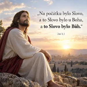 Křesťanský motiv s veršem o božství Ježíše Krista.