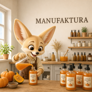 3D kreslený fenek vyrábí dýňový sprchový gel, na stěně je nápis MANUFAKTURA, nad ním není obrazec, místnost je světlá
