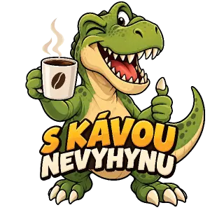 Humorný dinosaurus pijící kávu, text: S kávou nevyhynu, cartoon styl, bez pozadí