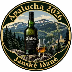 Vyrob logo s horama, kulate, s napisem Apalucha 2026, Janské lázně. Uprostřed dej lahev skotske whiskey Adrbeg a piticko