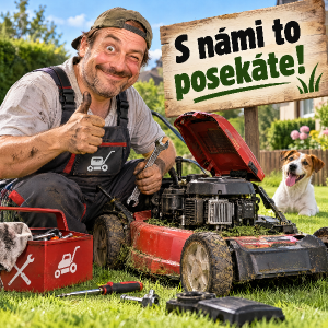 humorný opravář sekačky, text "S námi to posekáte"