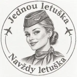 Hlava letušky s lodičkou a šátkem a kolem nápis Jednou letuška Navždy letuška
