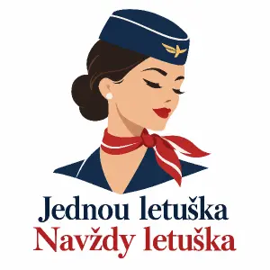 Hlava letušky s lodičkou a šátkem a nápis Jednou letuška Navždy letuška