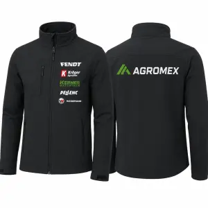 Vytvoř potisk s logy AGROMEX na zádech a logy vpředu FENDT, Kröger Agroliner, Kerner Maschinen, Pellenc a Weidemann.