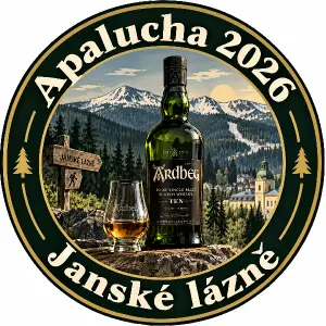 Vyrob logo s horama, kulate, s napisem Apalucha 2026, Janské lázně. Uprostřed dej lahev skotske whiskey Adrbeg a piticko