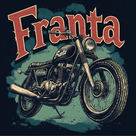 Motorkářská grafika s motorkou a nápisem Franta