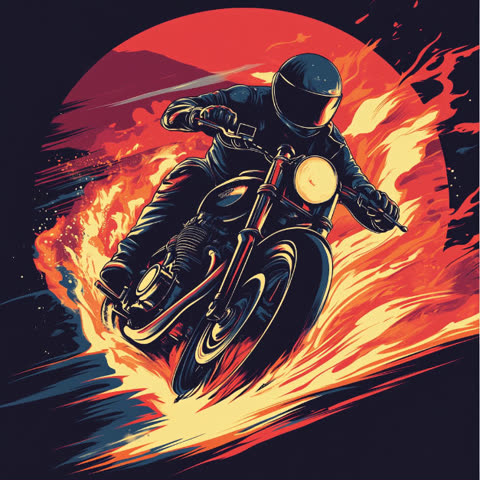 Motorkář jedoucí skrz plameny