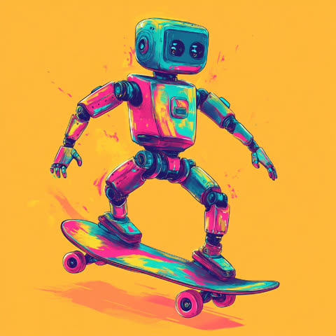 Barevný robot jedoucí na skateboardu