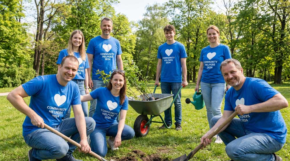 Skupina přátel v tričkách s vlastním potiskem