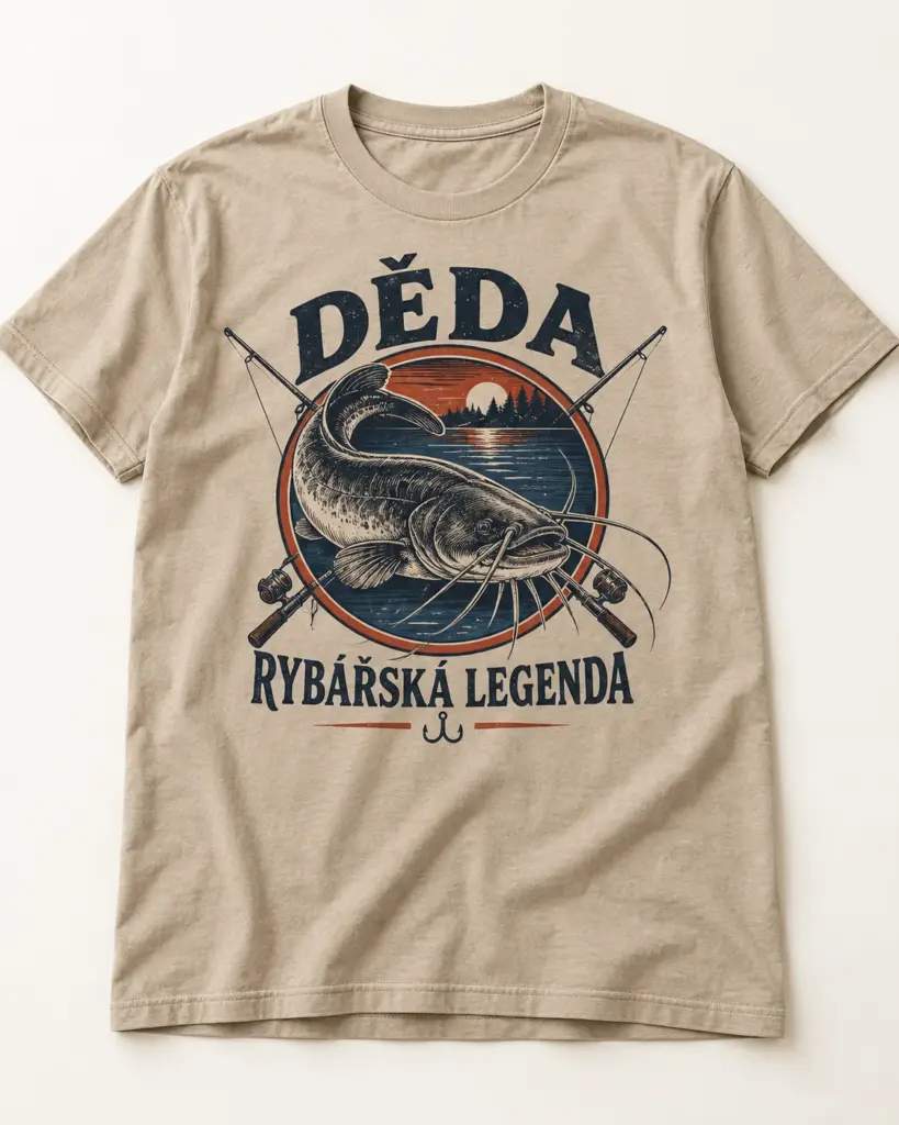 Béžové tričko s potiskem sumce a nápisem Děda – rybářská legenda